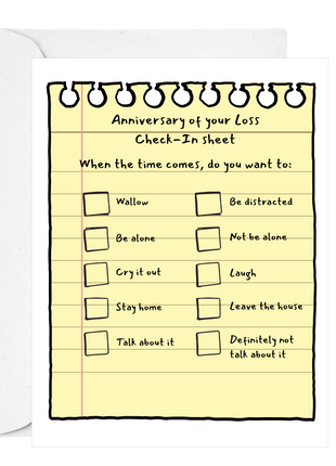 Check-in sheet for 'Anniversary of your Loss' with checkboxes on a yellow background.