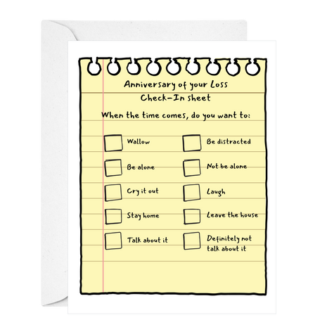 Check-in sheet for 'Anniversary of your Loss' with checkboxes on a yellow background.