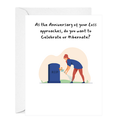 Greeting card with illustration of person at grave and text about anniversary celebrations. Cute sympathy card-Deathday Cards