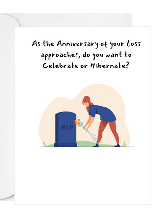 Greeting card with illustration of a person at a grave and text about anniversary celebrations.