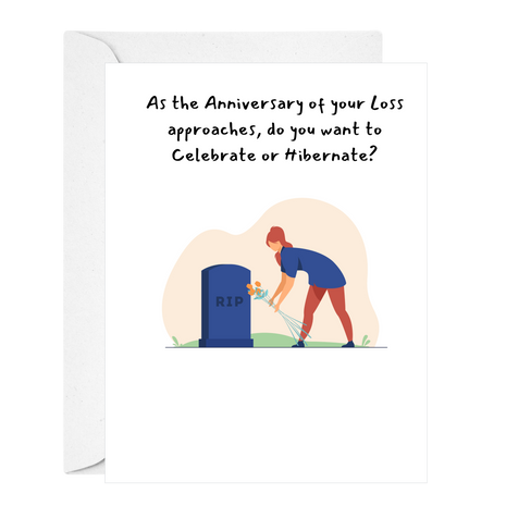 Greeting card with illustration of a person at a grave and text about anniversary celebrations.