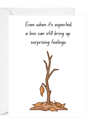 Greeting card with an illustration of a dying bare tree and text on a white background. Supportive Sympathy card-Deathday Cards
