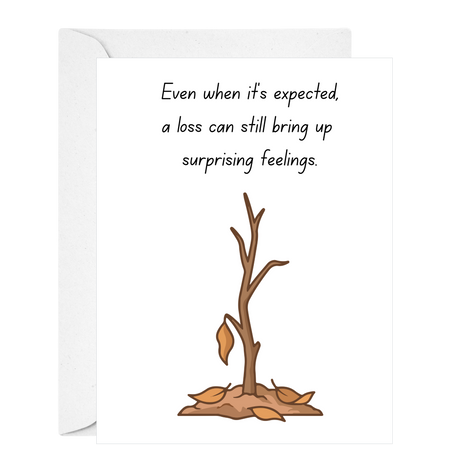 Greeting card with an illustration of a dying bare tree and text on a white background. Supportive Sympathy card-Deathday Cards