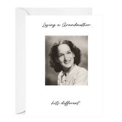 Memorial card with black & white photo of woman and text 'Losing a Grandmother hits different.' sympathy card-Deathday Cards