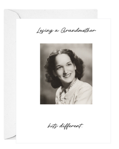 Memorial card with black & white photo of woman and text 'Losing a Grandmother hits different.' sympathy card-Deathday Cards