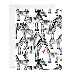 Greeting card with black and white zebras and a rainbow zebra on a white background-heartfelt sympathy card-Deathday Cards