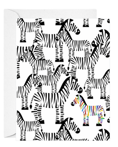 Greeting card with black and white zebras and a rainbow zebra on a white background-heartfelt sympathy card-Deathday Cards