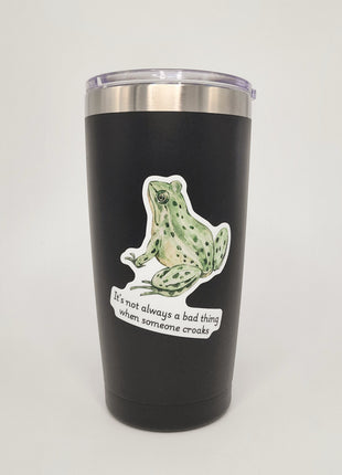Frog sticker on black tumbler. Snarky sticker by Deathday cards